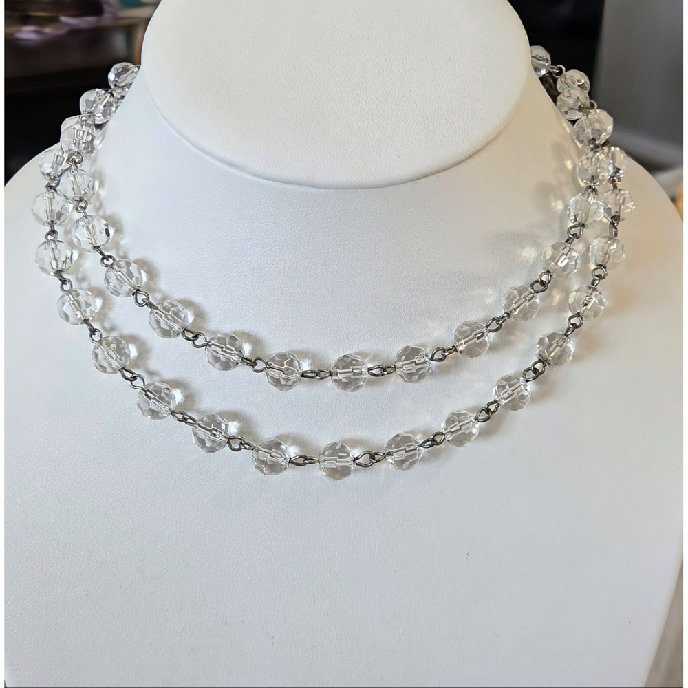 Vintage Faceted Clear Cut Crystal Glass Bead Beaded Necklace Jewel Kade JK 30"